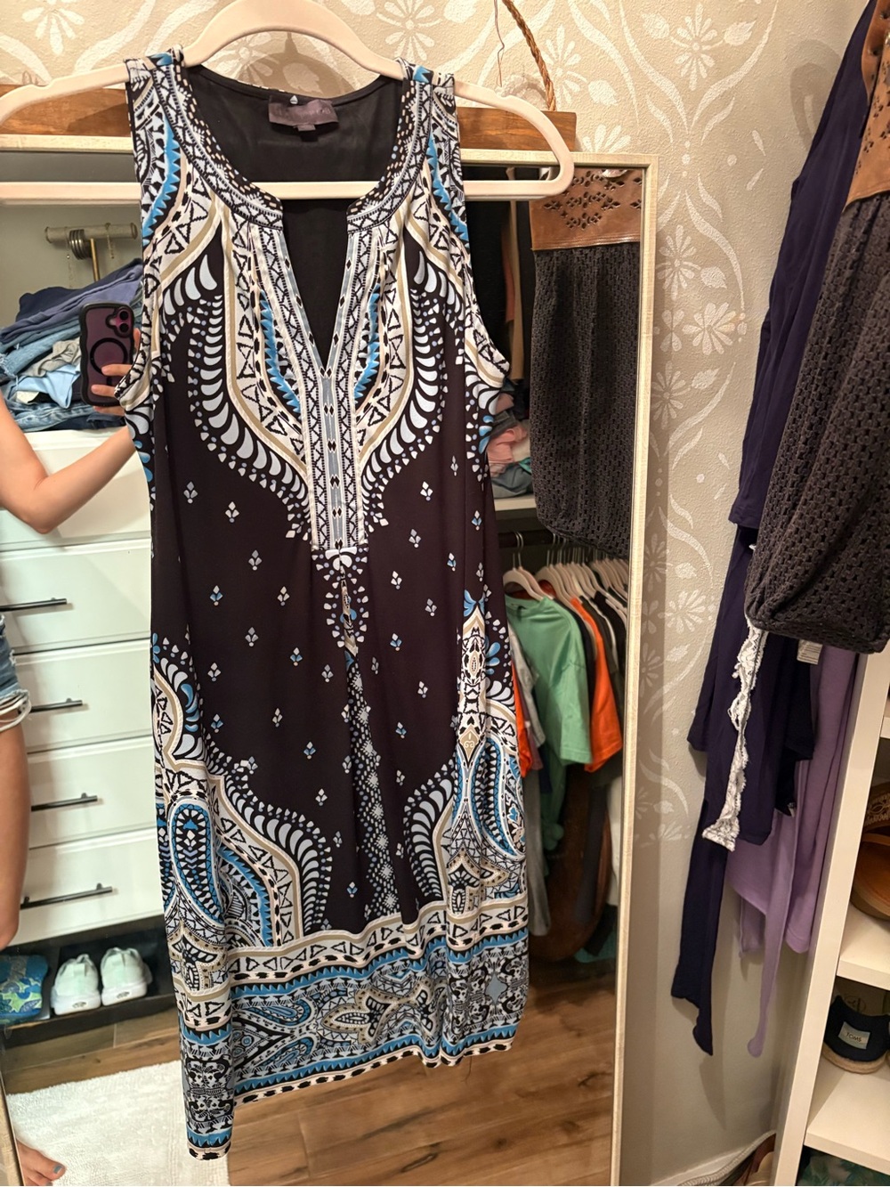 Hale Bob Black, White and Light Blue Sleeveless Printed Mini Dress